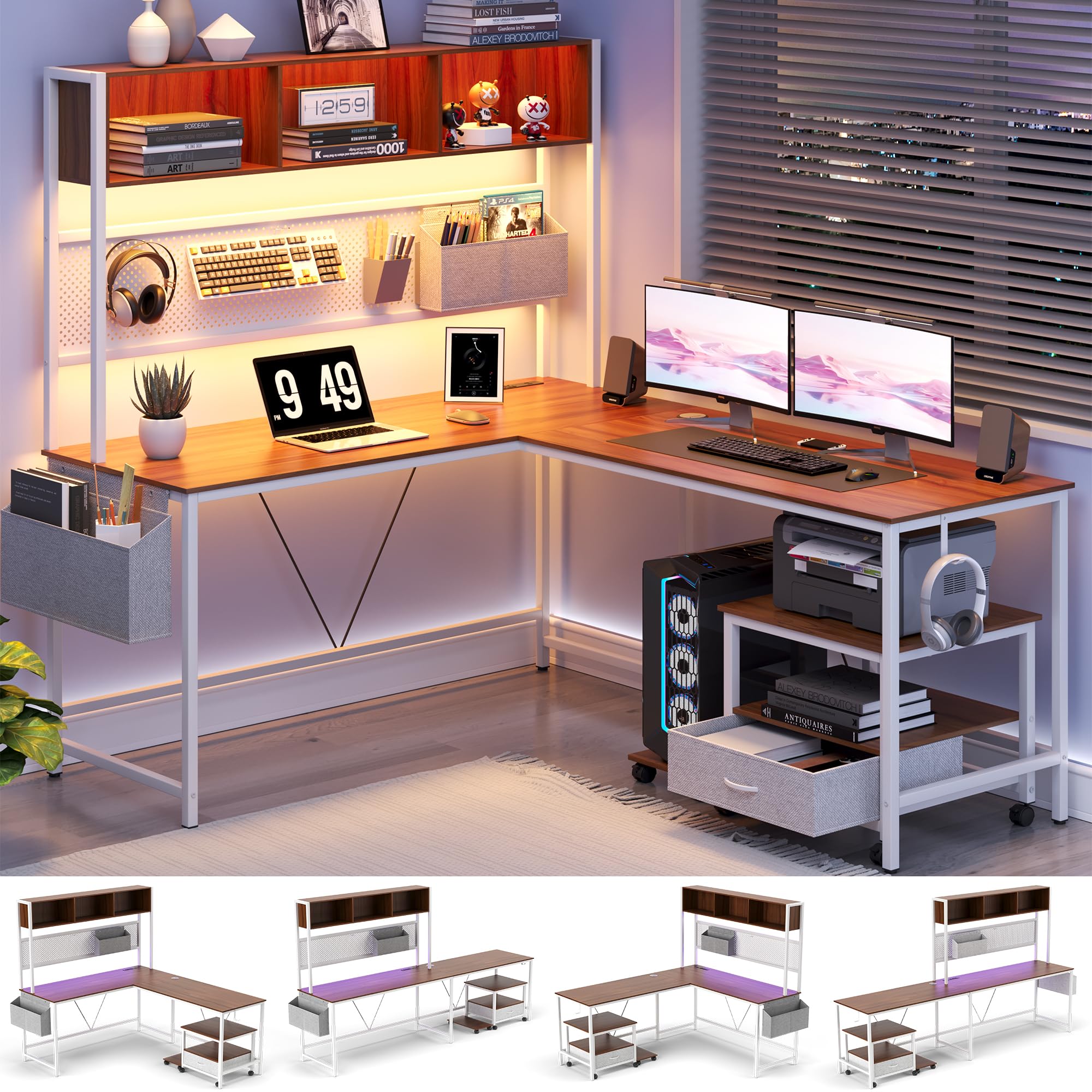 Dowinx L Shaped Desk with Pegboard and Removable Filing Cabinet, Reversible 67” Computer Gaming Desk with Power Outlet and Led, Office Corner Desk with Storage for Home Game, Brown