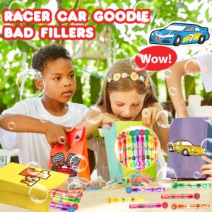 24PCS Race Car DIY Bubble Wands Party Favors 96PCS Stickers for Girls Goodie Bag Fillers Pinata Stuffers, Mini Bubble Bulk Car Birthday Party Supplies Toys Gifts Class Prizes Toddlers Boys