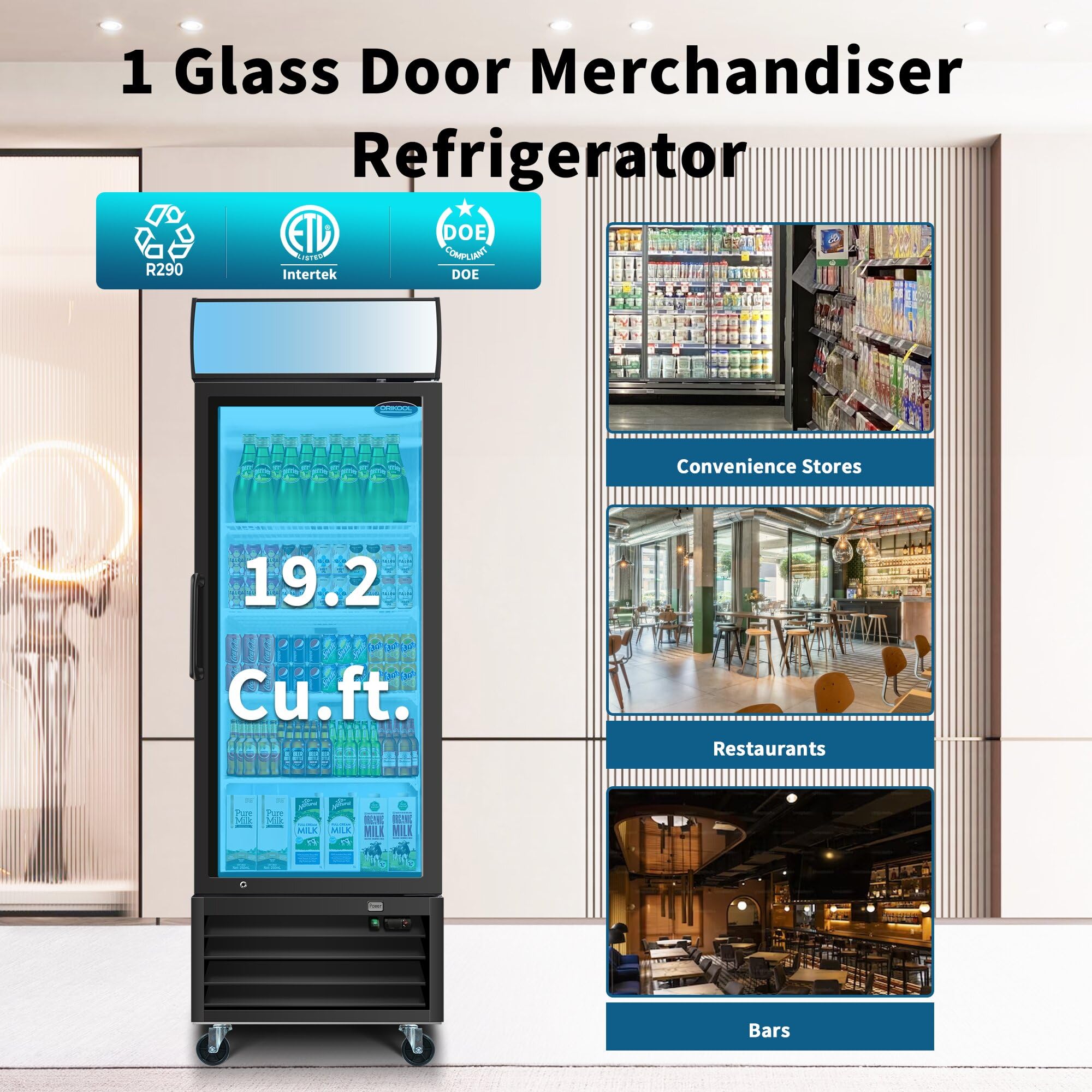 ORIKOOL 27" W Glass Door Refrigerator 19.2 Cu.ft 32℉ ~ 44℉ Commercial Display Beverage Fridge with LED Top Panel