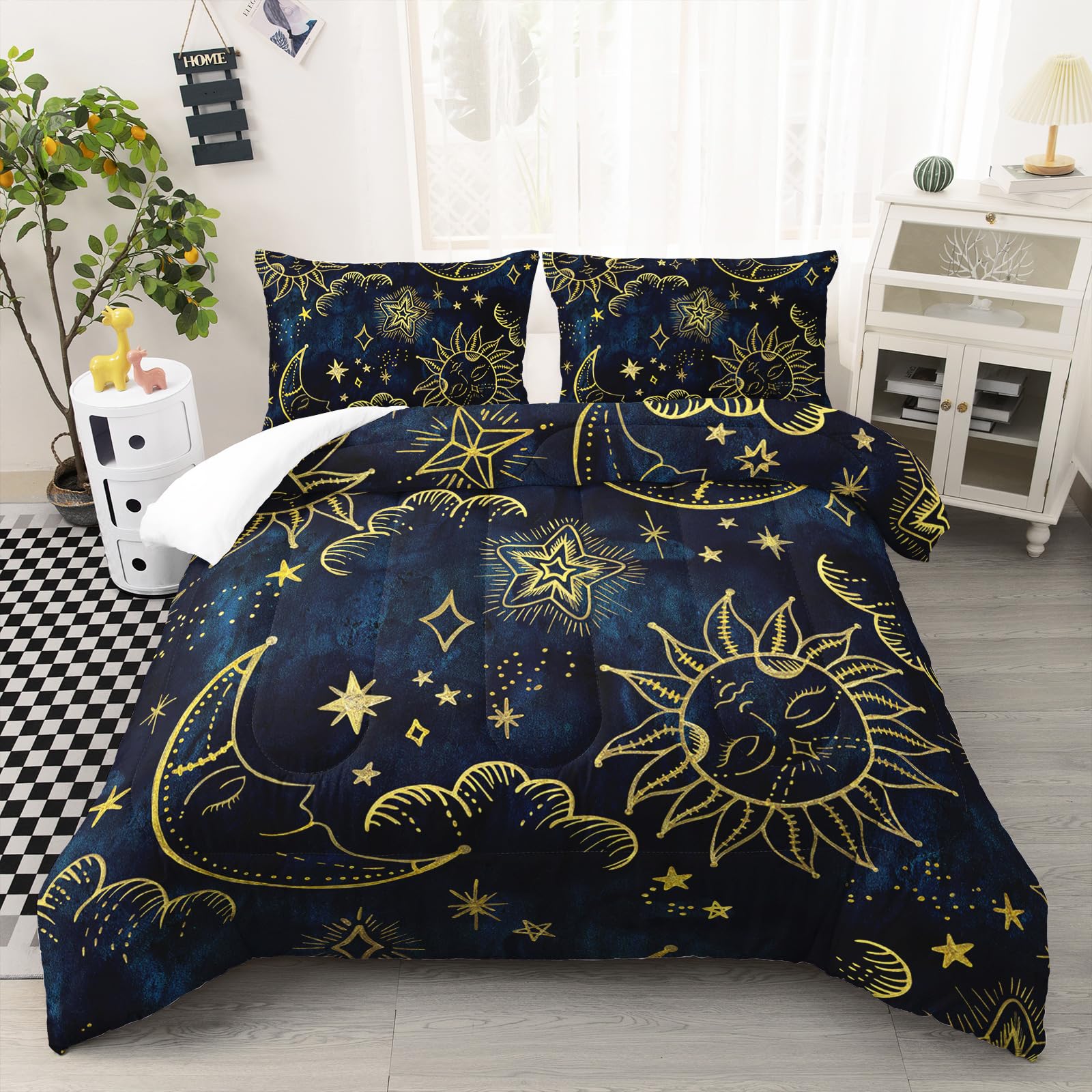 Ntlfup Sun and Moon Comforter Set Twin Size, Starry Sky Celestial Star Bedding Set for Kids Boys Girls, Blue Golden Bohemian Gothic Comforter Set