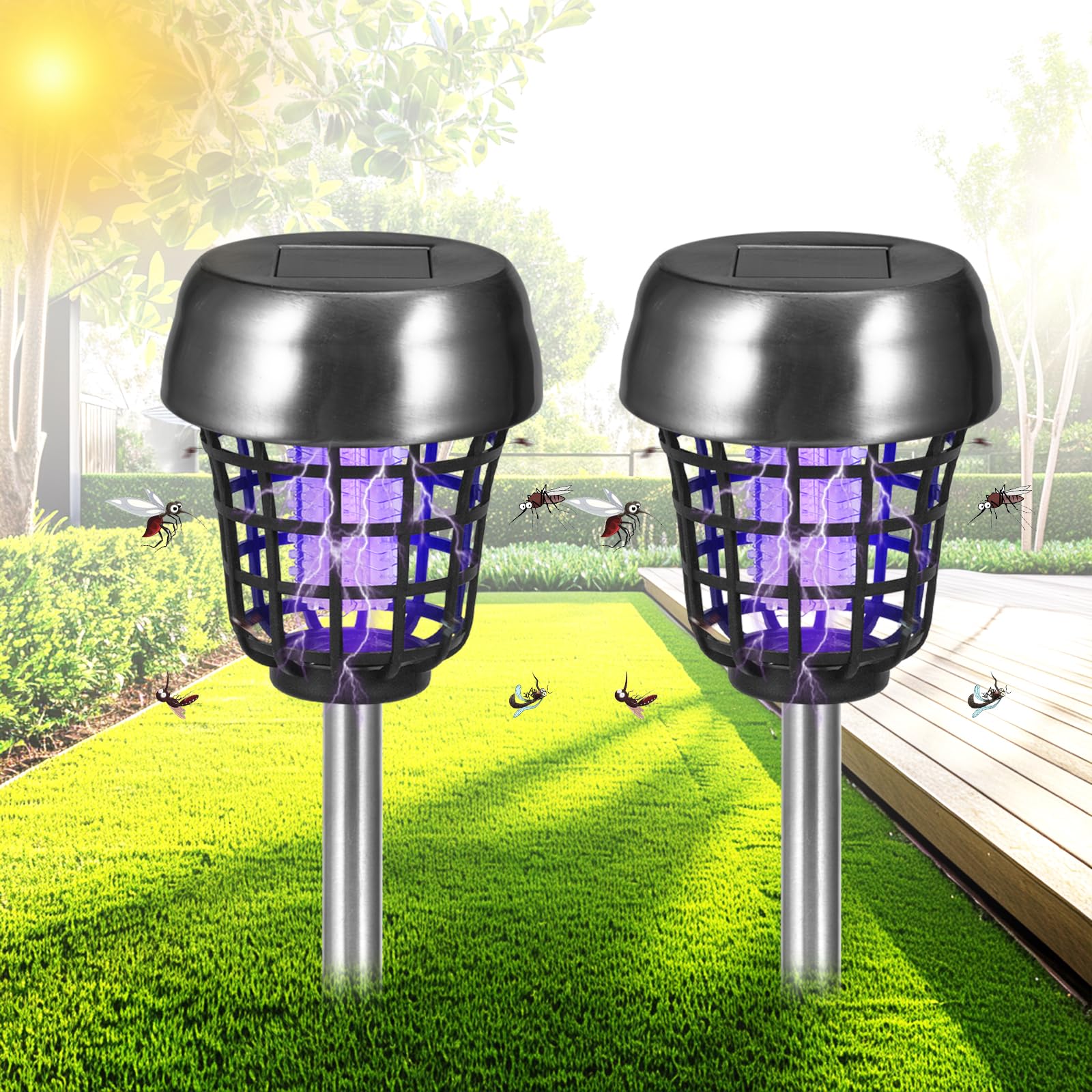 Jahy2Tech Solar Bug Zapper Outdoor Mosquito Zapper Mosquito Killer Lamp for Patio Backyard Garden Pathway Insect Mosquito Repellent Purple and White Light (2)