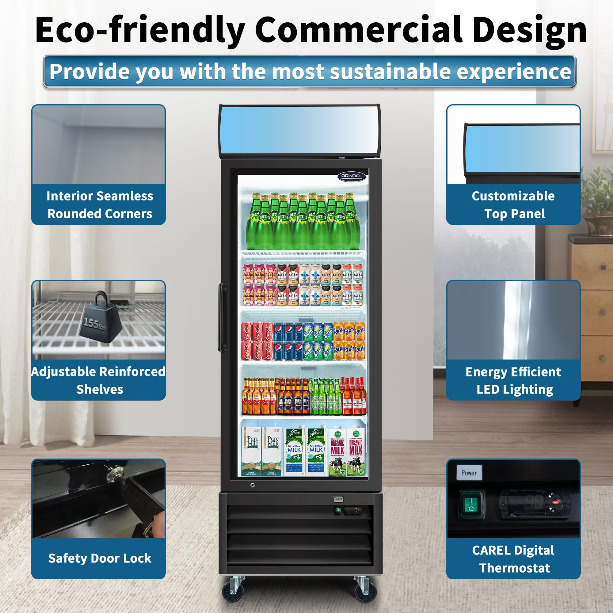 ORIKOOL 27" W Glass Door Refrigerator 19.2 Cu.ft 32℉ ~ 44℉ Commercial Display Beverage Fridge with LED Top Panel