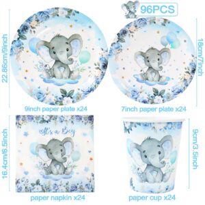 Boy Elephant Baby Shower Decorations Plates - Blue Elephant Plates Disposable Cups,Napkin with Blue flowers for 24 Elephant Theme Party Supplies,Baby Shower Wedding Birthday Party