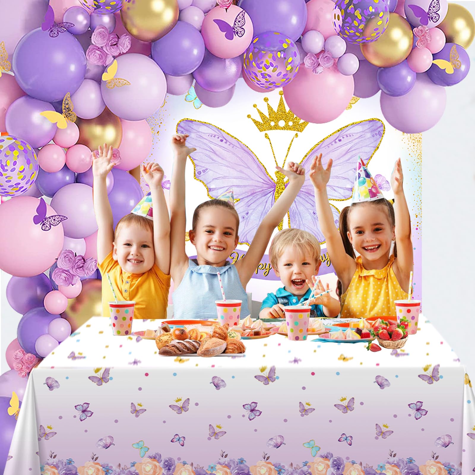 Butterfly Birthday Decorations for Girls - 101PCS Pink Purple Party Decorations include Balloons, Butterfly Stickers, Tablecloth and Happy Birthday Backdrop for Girls Women Princess Party Supplies