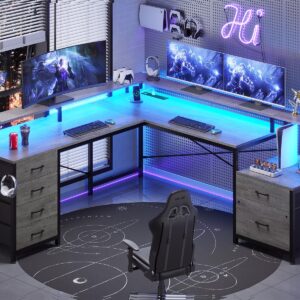 SEDETA L Shaped Desk with 6 Drawer, 108" Home Office Desk with File Drawer & Power Outlet, Corner Computer Desk with Monitor Shelf, Two Person Desk, Gaming Desk with Led Lights, Grey