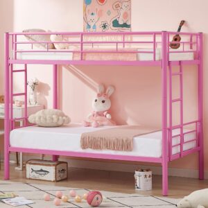 VECELO Bunk Bed Twin Over Twin, Metal Bunkbeds with Ladder and Full-Length Guardrail, No Box Spring Needed, Space Saving, Noise Free, Pink