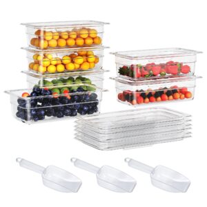 hnedsen 6 pack plastic food pan with lid 1/3 size 4 inch deep restaurant clear food storage containers polycarbonate commercial hotel pans for fruits vegetables beans corns (6 pcs, 4'' deep)