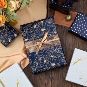 Yarcony Gift Wrapping Paper Roll - 17 Inch X 120 Inch Per Roll Luxury Navy Gold Flower, Polka Dot & White Gold Marble Gift Wrap Paper for Men Birthday, Father's Day, Christmas, Holiday, Graduation