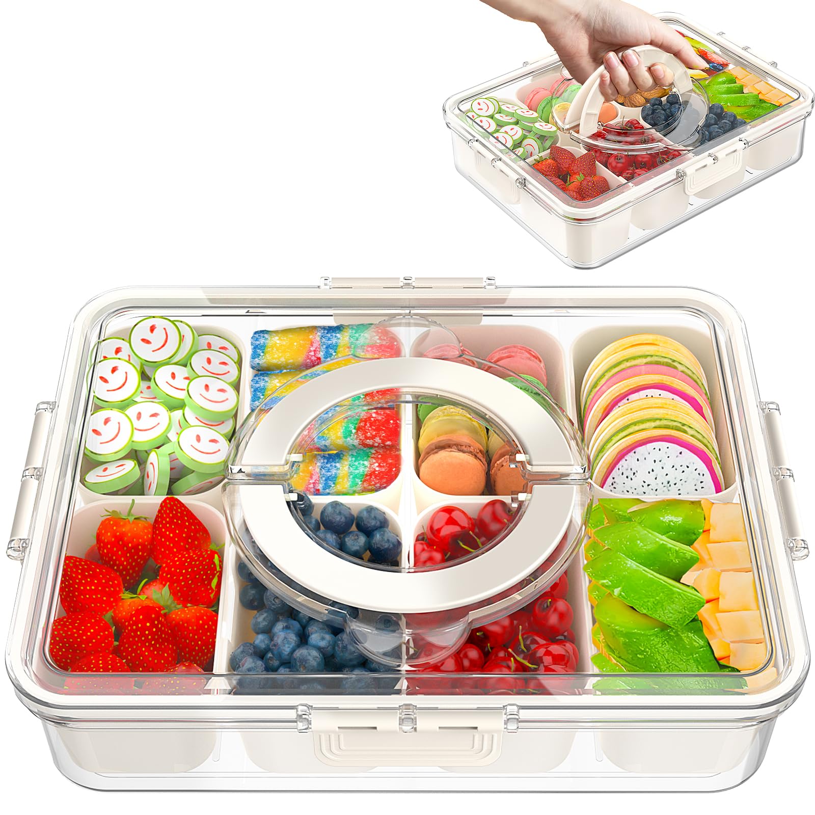 Snackle Box Container,Divided Serving Tray with Lid and Handle,Portable Snack Box for Candy, Fruits, Nuts, 8 Compartments snack tray, Snack Organizer for Picnic,Party,Movie Night,Road Trips(1 Pack)