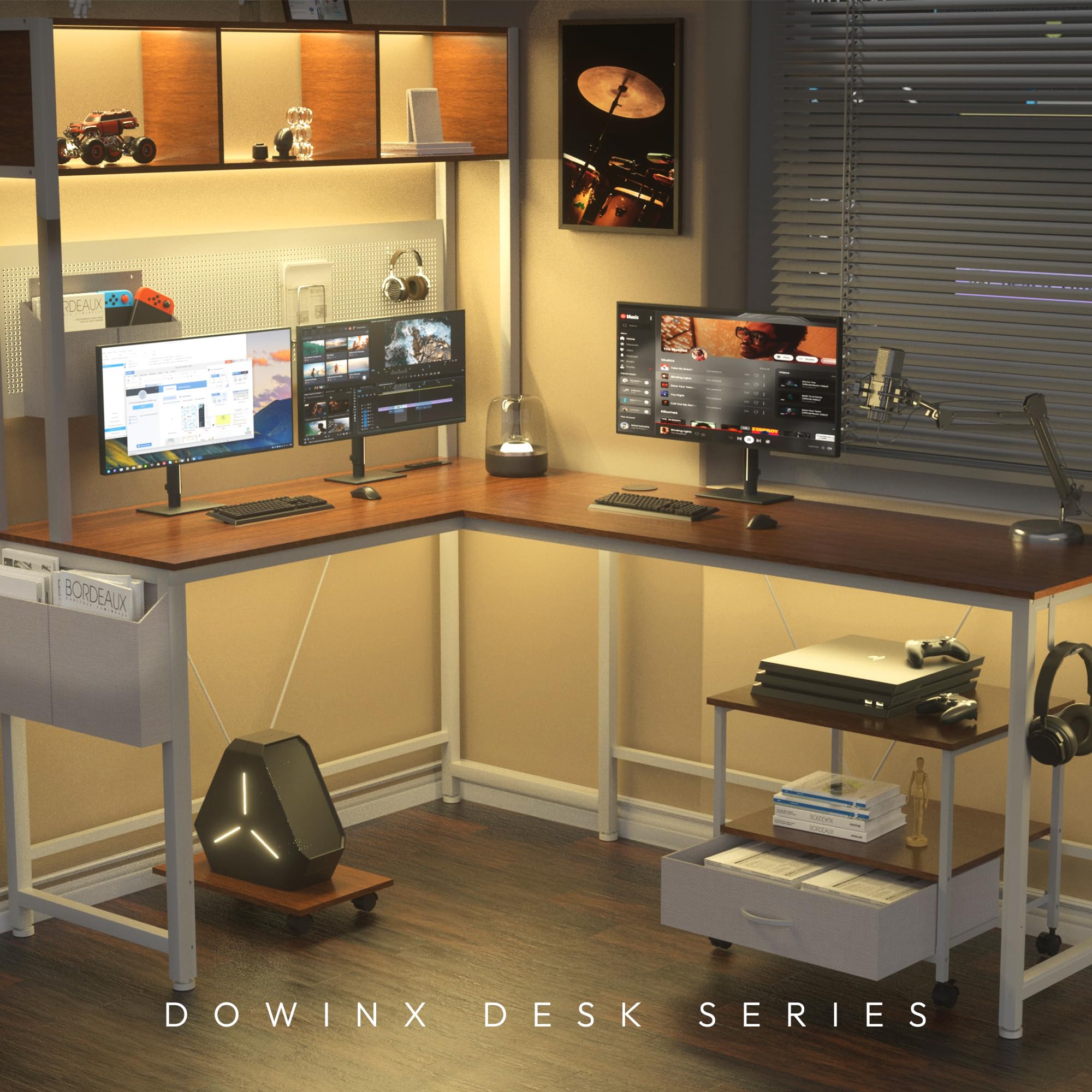 Dowinx L Shaped Desk with Pegboard and Removable Filing Cabinet, Reversible 67” Computer Gaming Desk with Power Outlet and Led, Office Corner Desk with Storage for Home Game, Brown