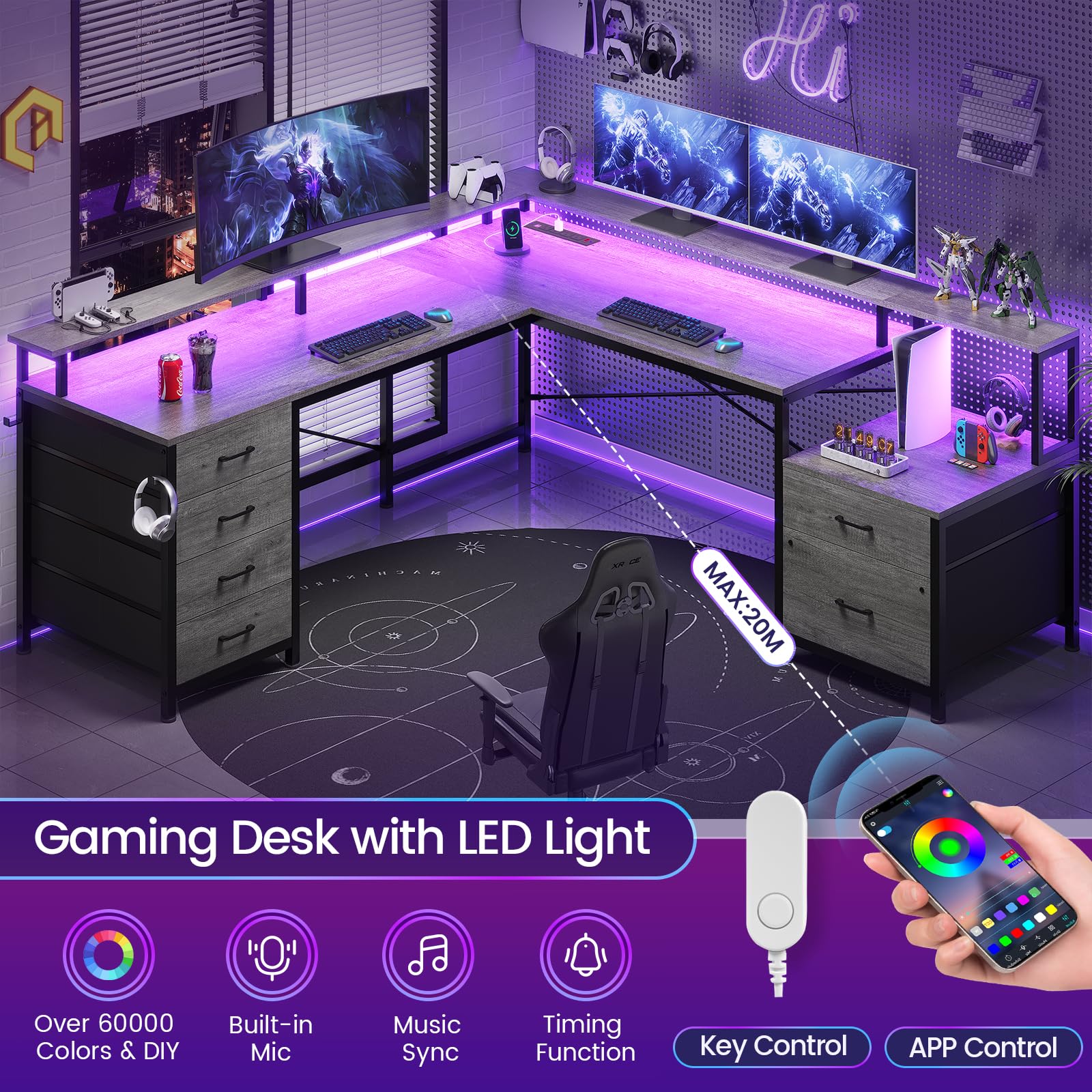 SEDETA L Shaped Desk with 6 Drawer, 108" Home Office Desk with File Drawer & Power Outlet, Corner Computer Desk with Monitor Shelf, Two Person Desk, Gaming Desk with Led Lights, Grey