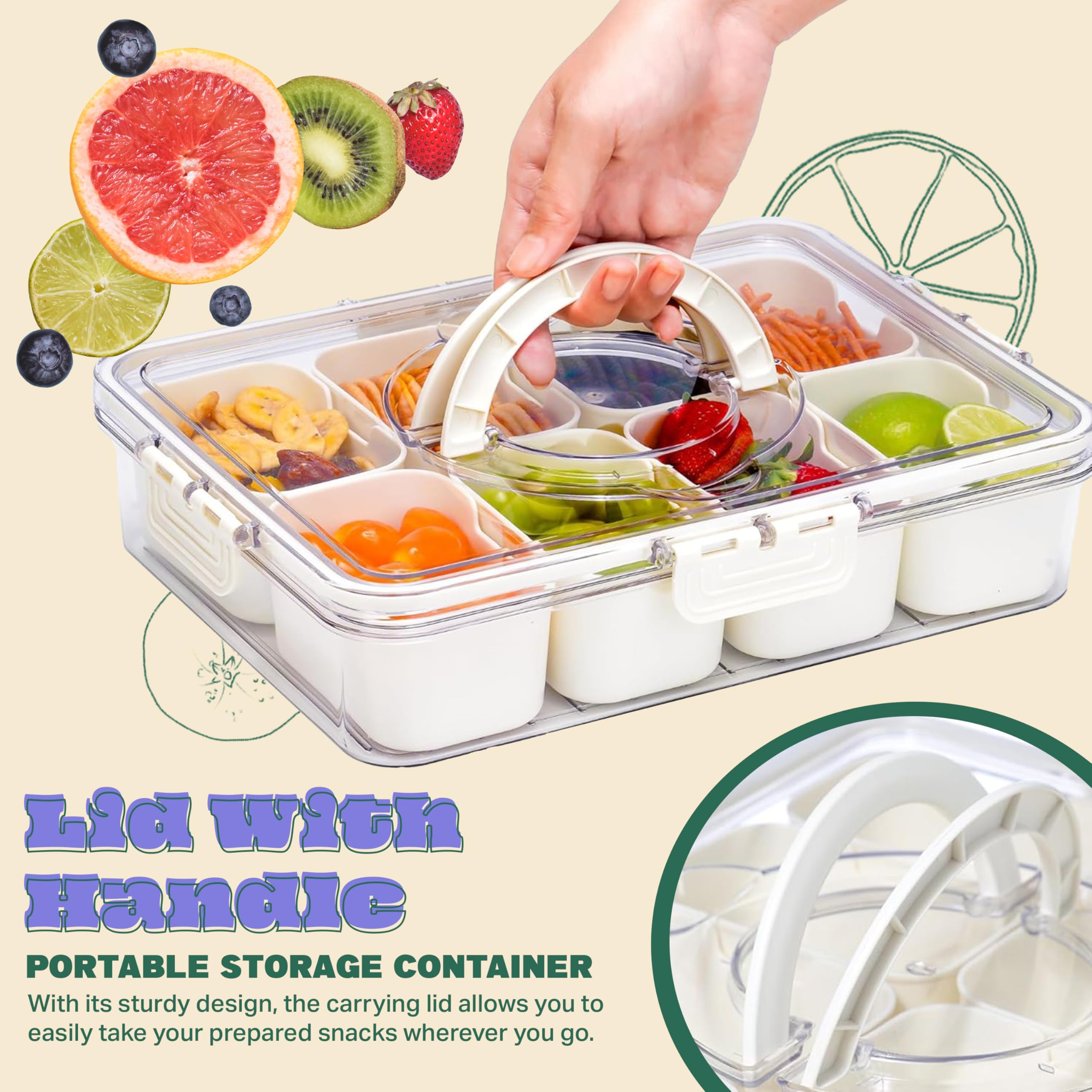 Snackle Box Container, Divided Serving Tray With Lid for Snack, Fruit Storage Containers for Fridge, You Can Use Snack Containers for Charcuterie - Fruit Tray for Picnic, 8 Compartment Snack Box