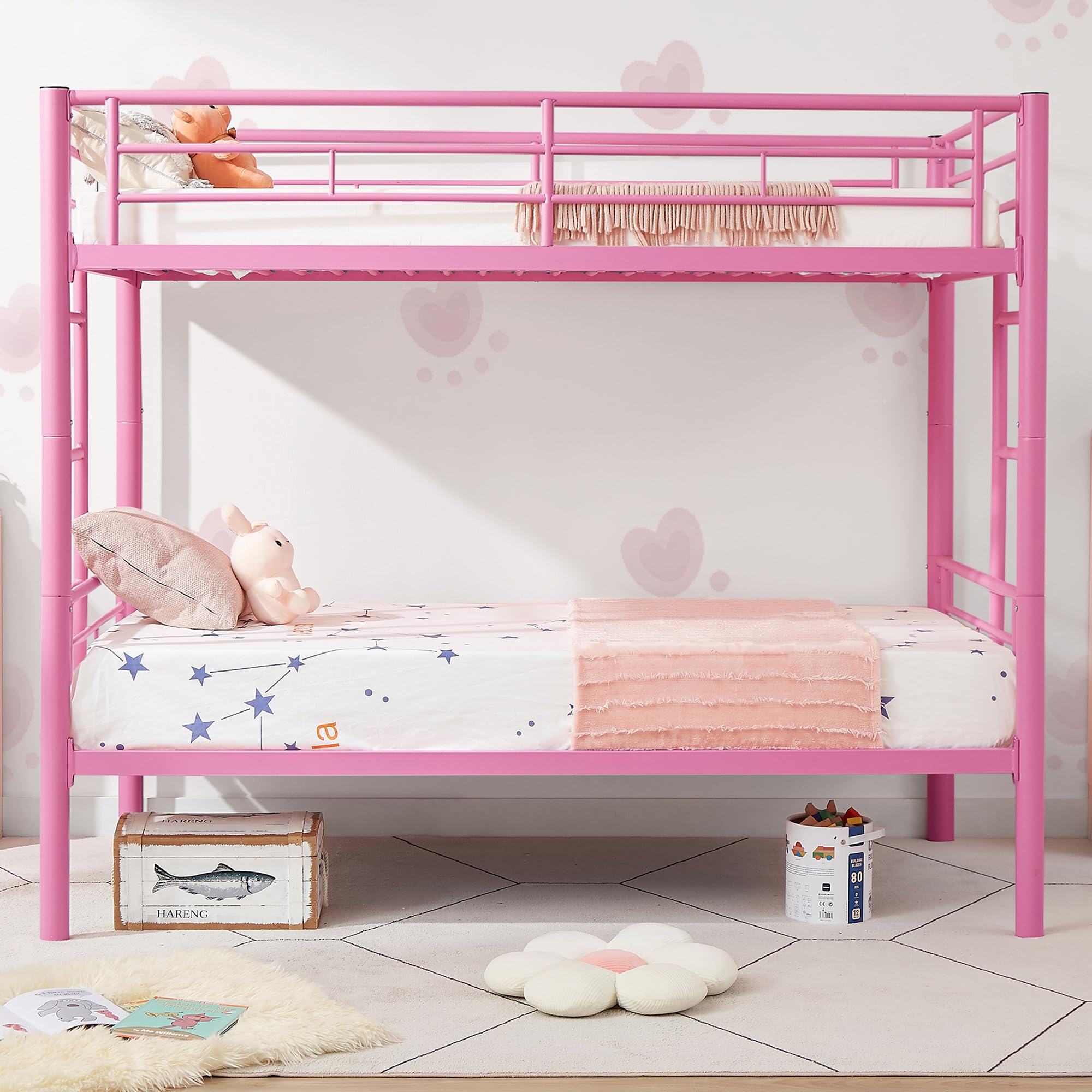 VECELO Bunk Bed Twin Over Twin, Metal Bunkbeds with Ladder and Full-Length Guardrail, No Box Spring Needed, Space Saving, Noise Free, Pink