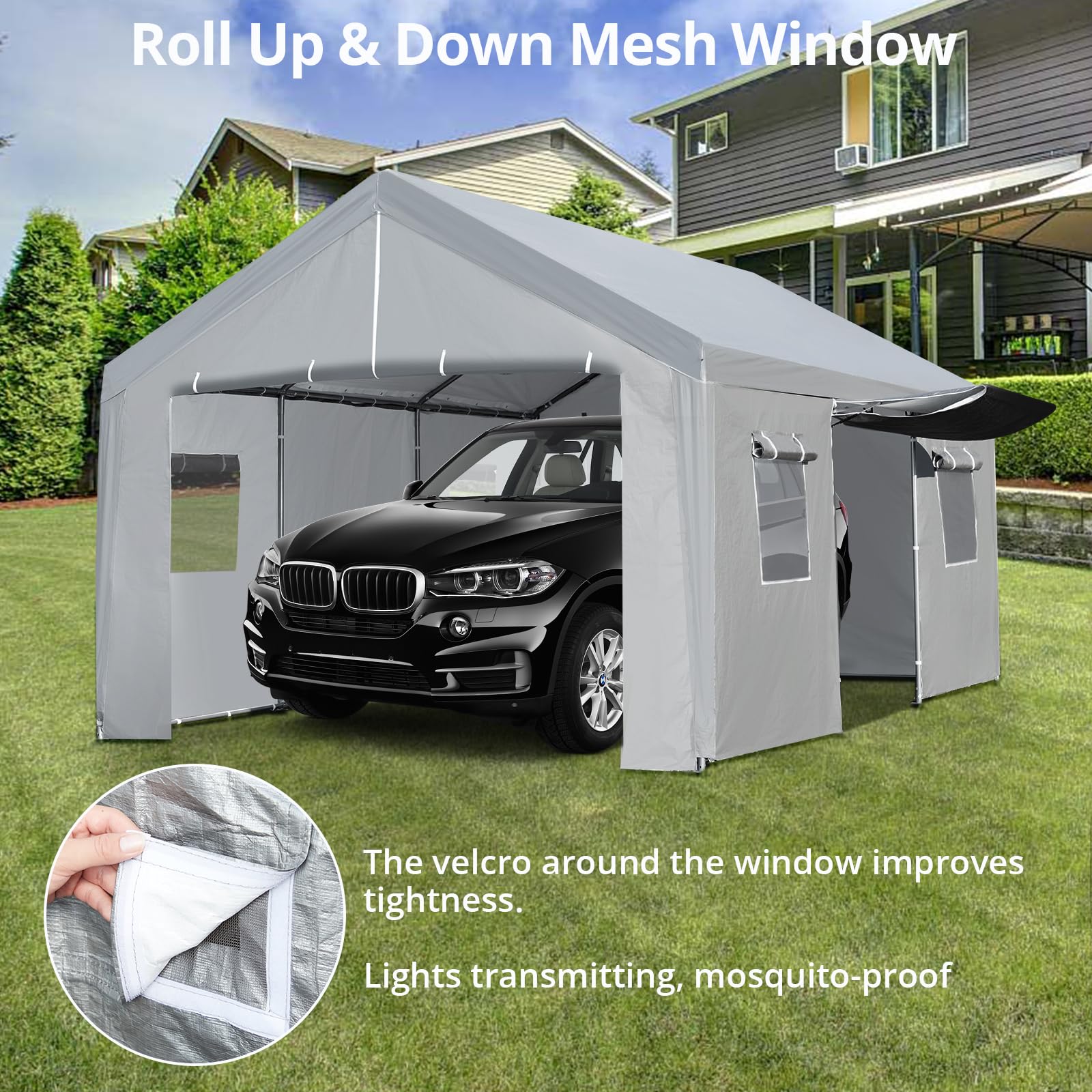 Carport Canopy 13x20 Heavy Duty, Portable Garage All Weather, Car Tent with Sidewalls & Doors Removable & Roll-up and Down mesh Windows, Car Canopy for SUV & Boats & Truck, Gray