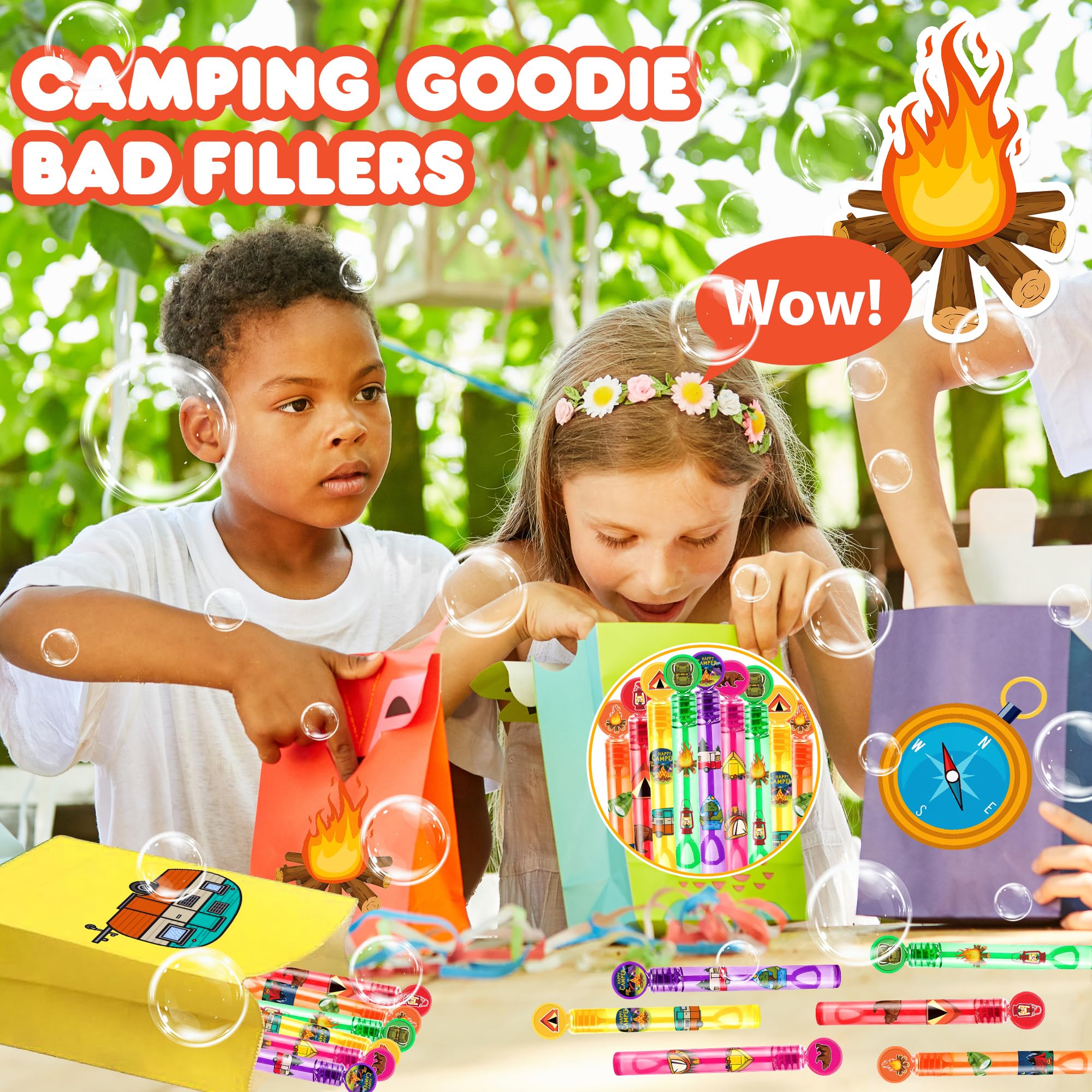 24PCS Camping DIY Bubble Wands Party Favors 96PCS Stickers for Goodie Bag Fillers Pinata Stuffers, Mini Bubble Bulk Happy Camper Birthday Party Supplies Toys Gifts Class Prizes for Toddlers Boys Girls