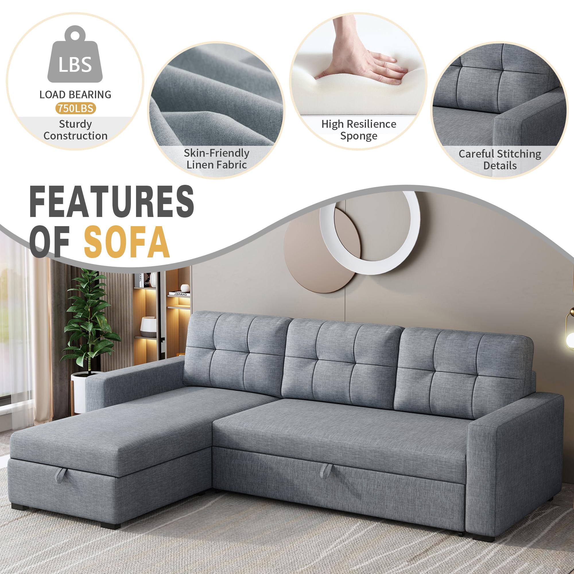 ACQCA 81.5" Sectional Sleeper Sofa with Chaise Storage and Pull-Out Bed,Living Room Convertible Couch with Tufted Linen Backrest,Reversible 3-Seater for Apartment,Office,Light Grey