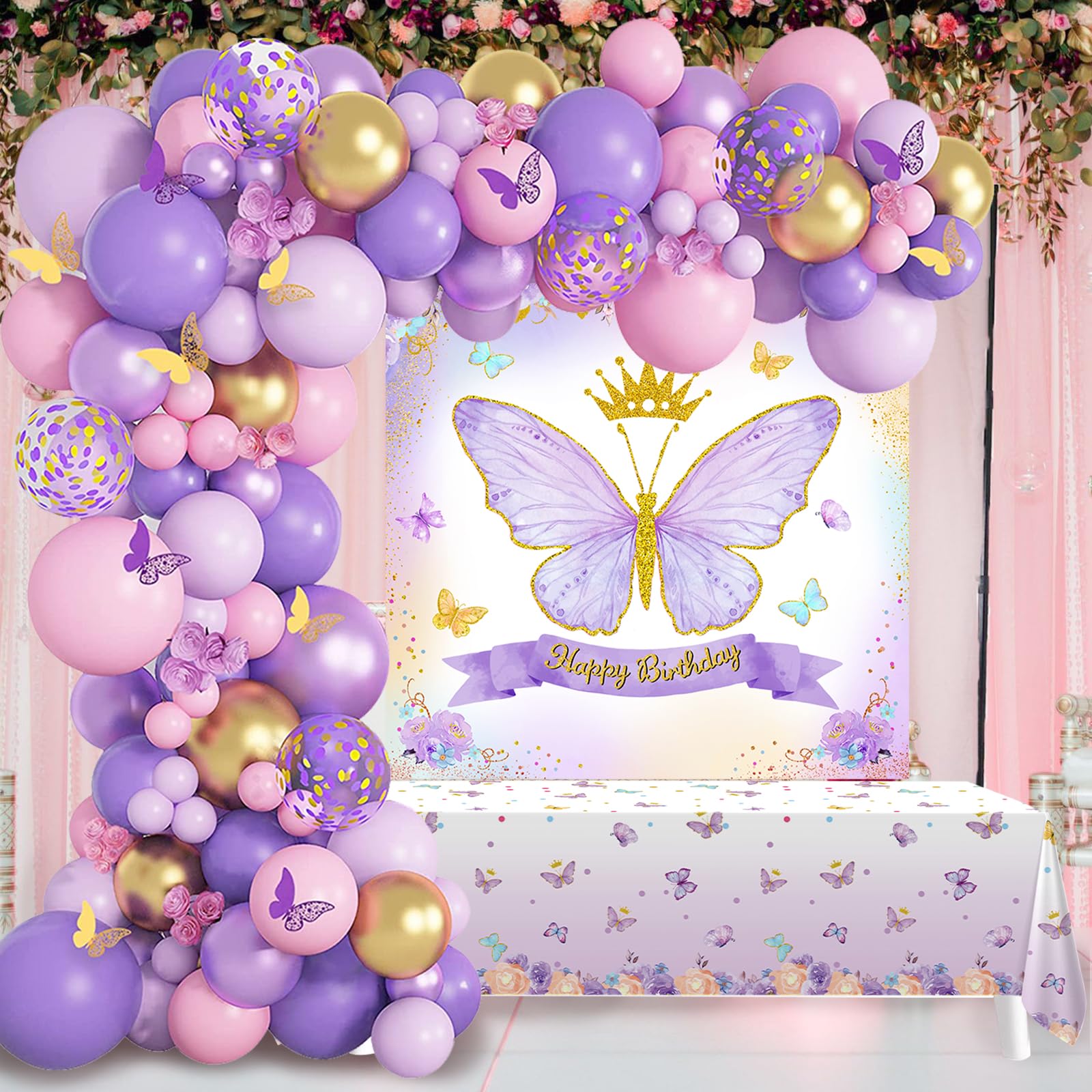 Butterfly Birthday Decorations for Girls - 101PCS Pink Purple Party Decorations include Balloons, Butterfly Stickers, Tablecloth and Happy Birthday Backdrop for Girls Women Princess Party Supplies