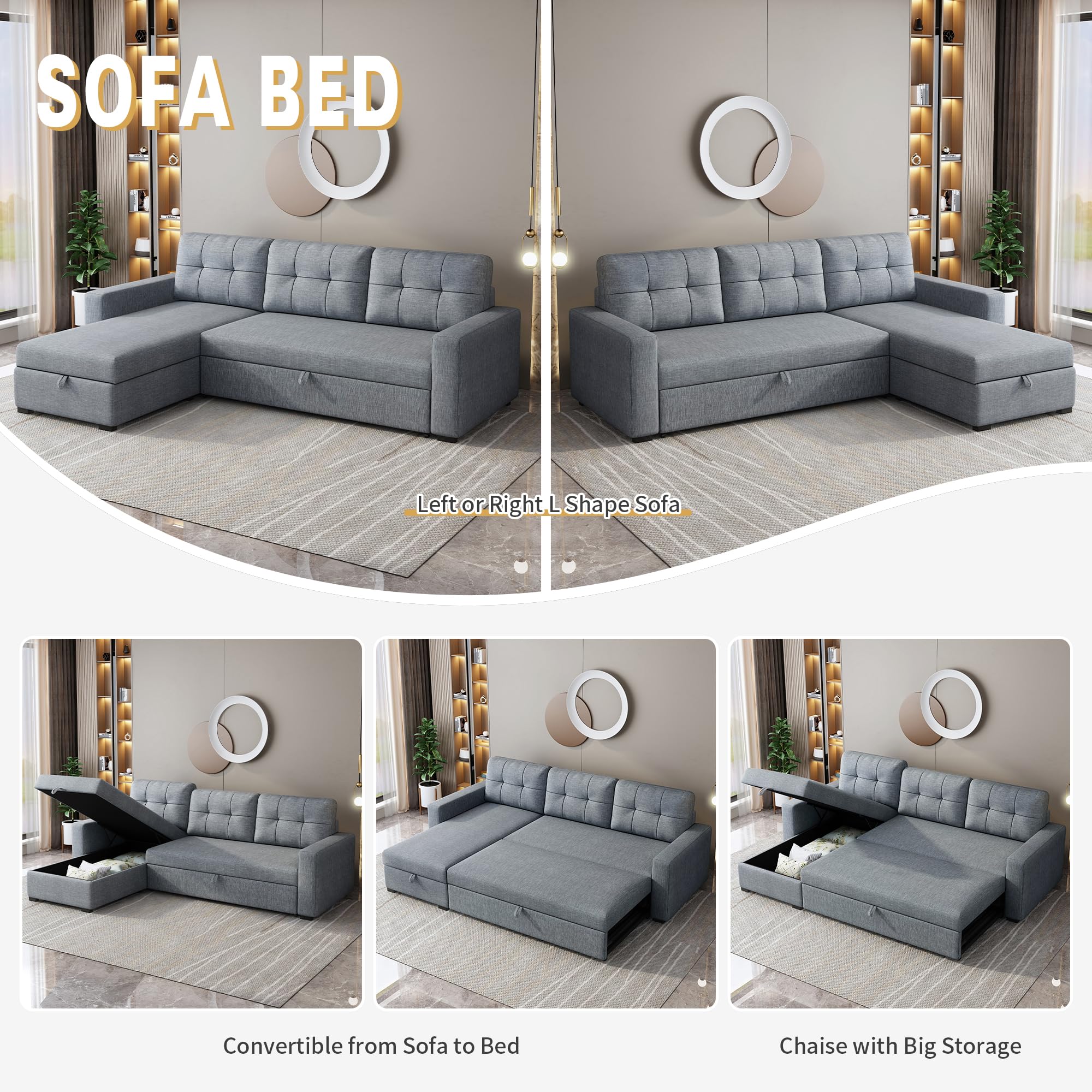 ACQCA 81.5" Sectional Sleeper Sofa with Chaise Storage and Pull-Out Bed,Living Room Convertible Couch with Tufted Linen Backrest,Reversible 3-Seater for Apartment,Office,Light Grey