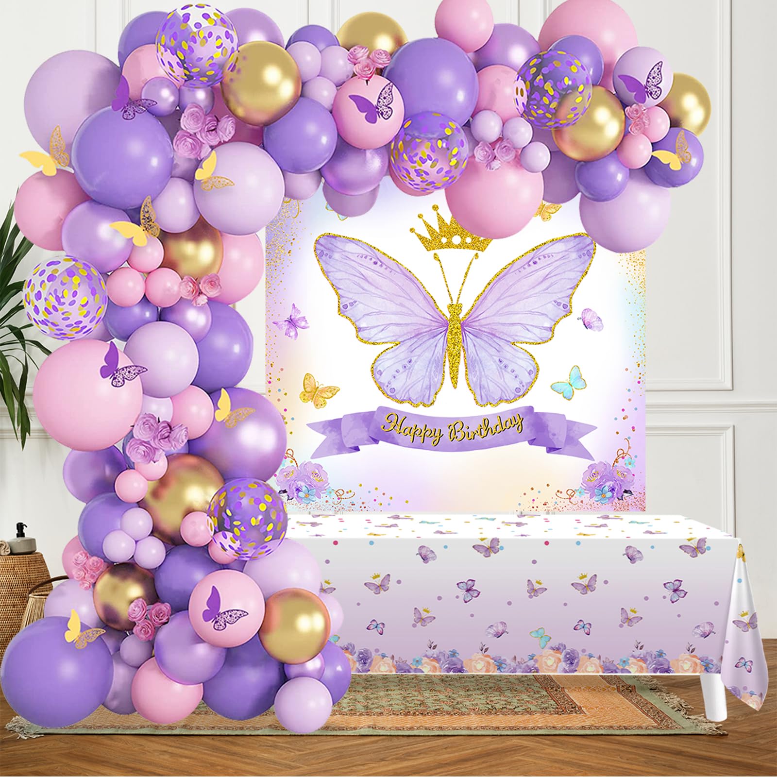 Butterfly Birthday Decorations for Girls - 101PCS Pink Purple Party Decorations include Balloons, Butterfly Stickers, Tablecloth and Happy Birthday Backdrop for Girls Women Princess Party Supplies