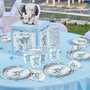 Boy Elephant Baby Shower Decorations Plates - Blue Elephant Plates Disposable Cups,Napkin with Blue flowers for 24 Elephant Theme Party Supplies,Baby Shower Wedding Birthday Party