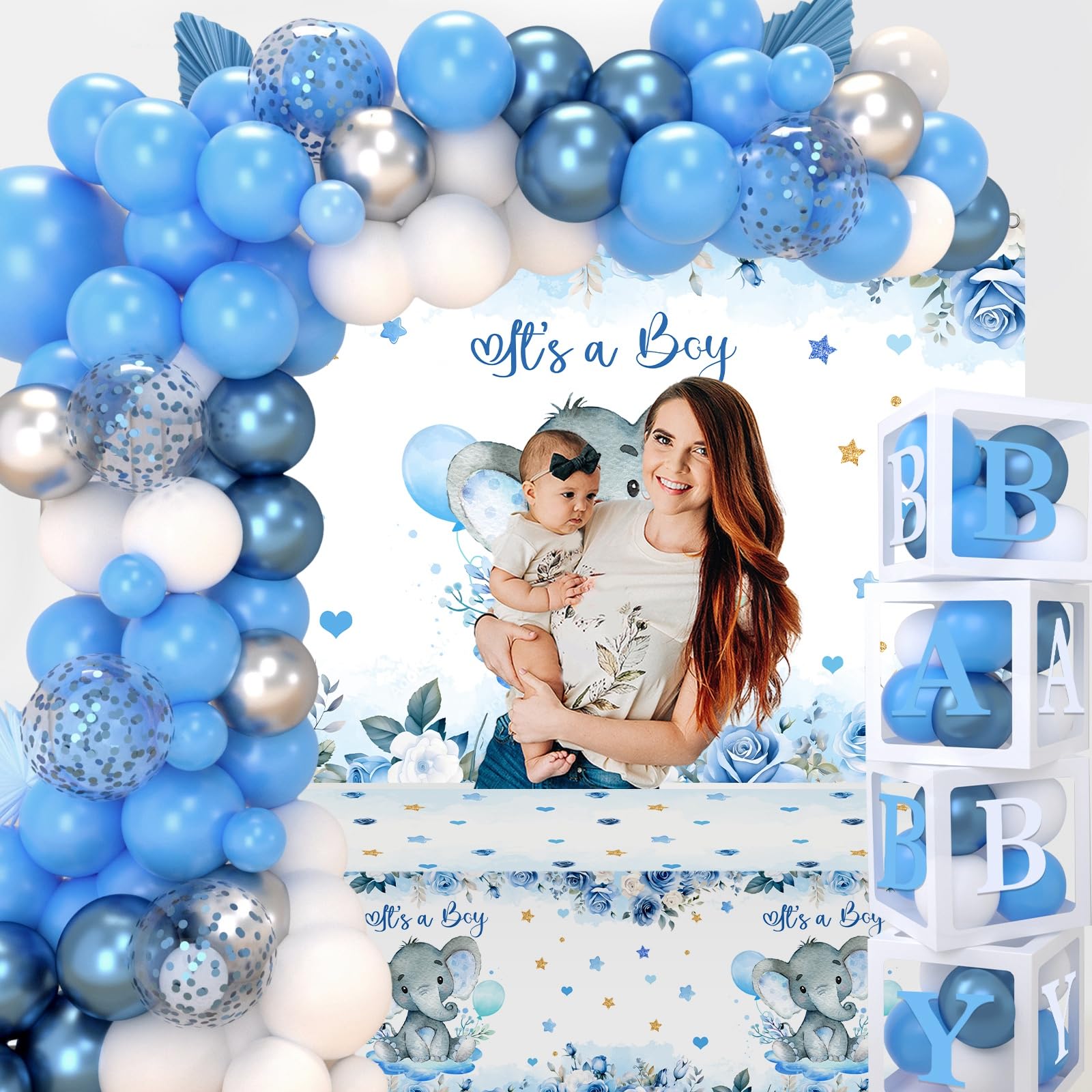 Boy Elephant Baby Shower Decorations Boxes - Baby Blue Balloon Garland Kit,Baby Shower Boxes,It's a Boy Backdrop Tablecloth for Elephant Theme Party Supplies,Baby Shower Wedding Birthday Party