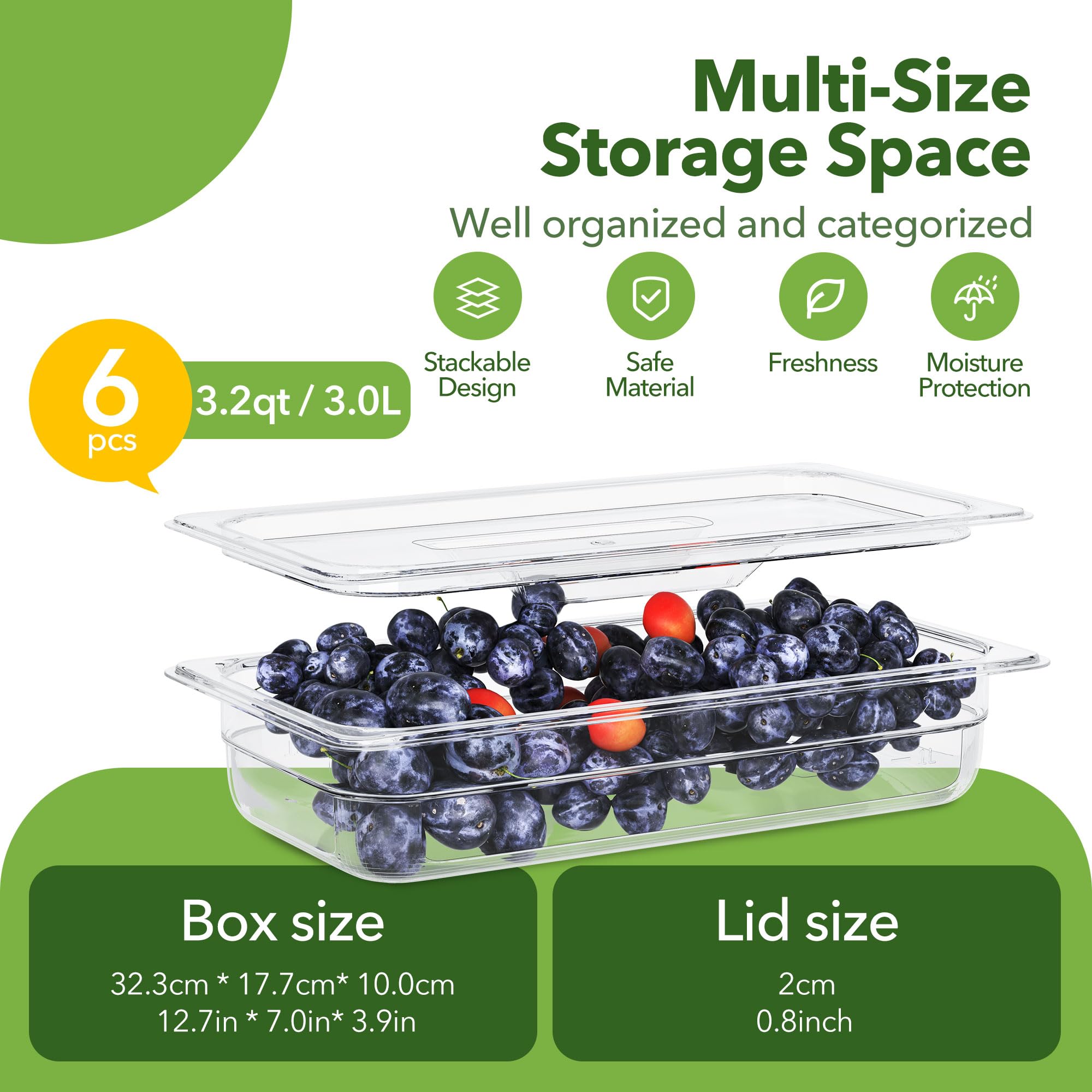 HNEDSEN 6 Pack Plastic Food Pan with Lid 1/3 Size 4 Inch Deep Restaurant Clear Food Storage Containers Polycarbonate Commercial Hotel Pans for Fruits Vegetables Beans Corns (6 PCS, 4'' Deep)