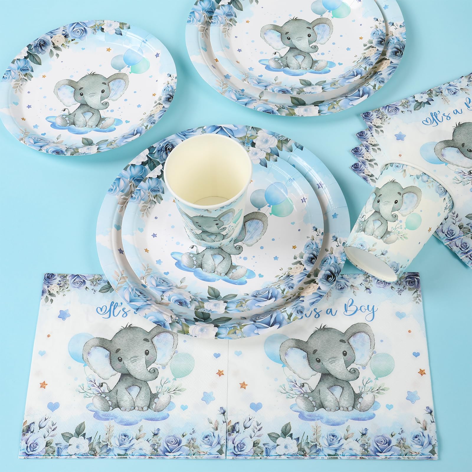 Boy Elephant Baby Shower Decorations Plates - Blue Elephant Plates Disposable Cups,Napkin with Blue flowers for 24 Elephant Theme Party Supplies,Baby Shower Wedding Birthday Party