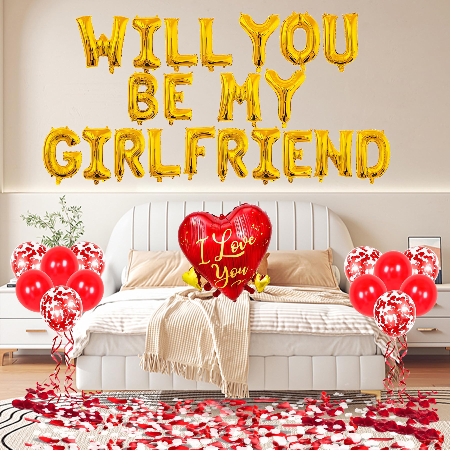 Will You Be My Girlfriend Balloons - 16'' Alphabet Letters Foil Mylar Balloon, 18" Heart Shaped Balloon with 500 Pcs Artificial Rose and 100 Pcs White Petals for Valentine Anniversary Decorations