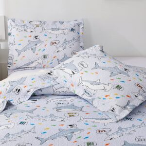 Beach Bedding Kids Twin Size Quilt Set Shark Quilt Bedding Summer Cool Lightweight Quilt Coastal Bedding Reversible Quilt Bedspread Ocean Quilt Grey Shark Animal Quilts Coverlet with Pillow Shams