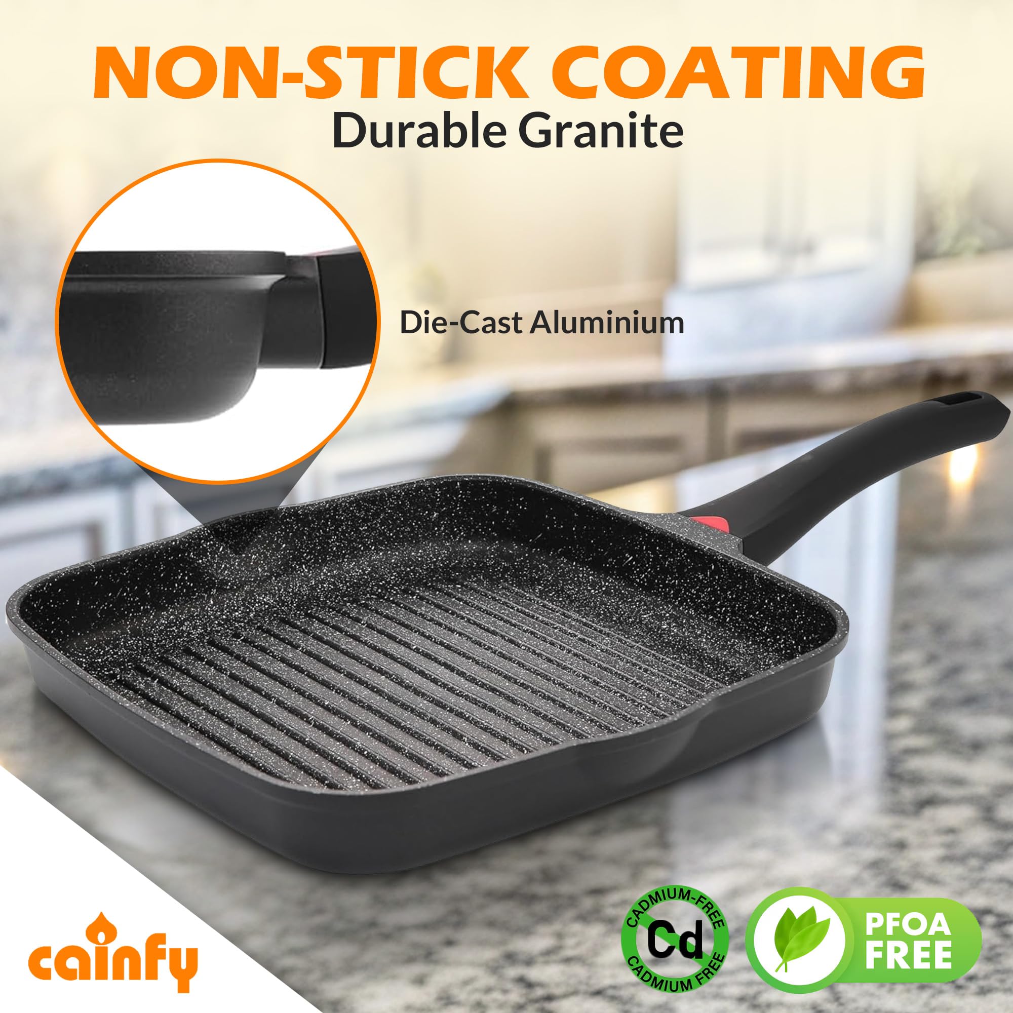 11 Inch Non Stick Grill Pan Granite Coated with Pour Spout - Lightweight 2.66 Quart Grill Pan for Indoor Cooking with Grip Handle - Induction Compatible PFOA Free Stove Top Grill (Black)