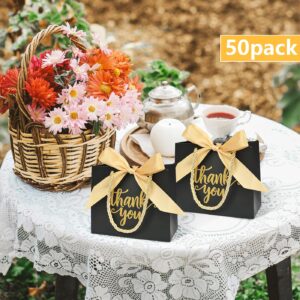 Nimbbex 50Pack Thank You Gift Bags with Handles, Party Favor Bags 5.5x2.3x4.7 Inches Small Black Gift Bags with Handles, Mini Paper Candy Bags with Gold Ribbon for Wedding Baby Shower Birthday