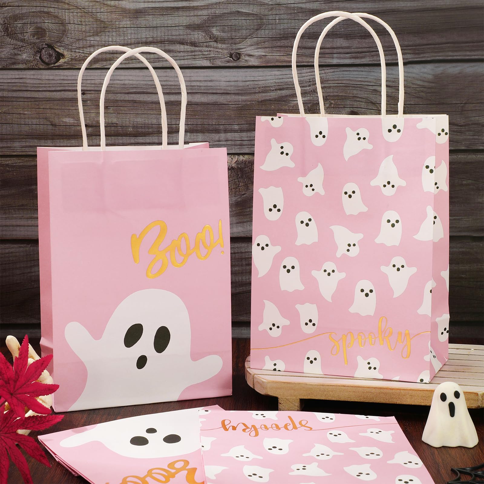 JarThenaAMCS 24Pcs Halloween Paper Gift Bags with Handles Pink Ghost Party Favor Bags Candy Goodie Treat Bags for Halloween Birthday Party Supplies