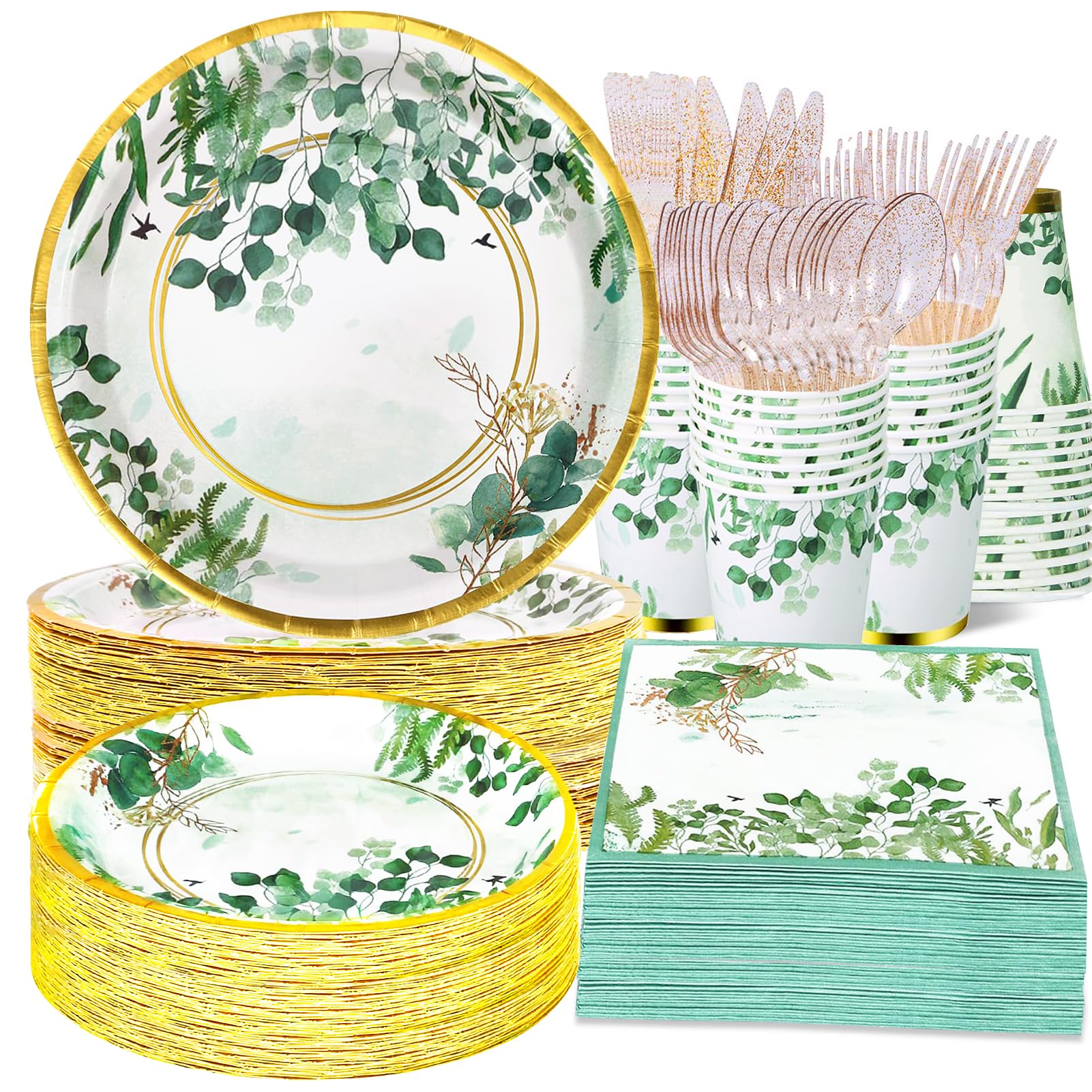 AWLZJZQA 350 Pcs Sage Green Plates and Napkins Party Supplies Serve 50 Sage Green Baby Shower Decorations Eucalyptus Paper Plates and Cups And Napkins Sets for Boho Birthday Wedding Baptism Bridal