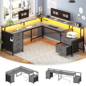 sedeta l shaped desk with 6 drawer, 108" home office desk with file drawer & power outlet, corner computer desk with monitor shelf, two person desk, gaming desk with led lights, grey