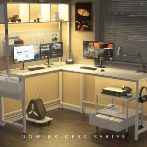 Dowinx L Shaped Desk with Pegboard and Removable Filing Cabinet, Reversible 67” Computer Gaming Desk with Power Outlet and Led, Office Corner Desk with Storage for Home Game, White