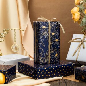 Yarcony Gift Wrapping Paper Roll - 17 Inch X 120 Inch Per Roll Luxury Navy Gold Flower, Polka Dot & White Gold Marble Gift Wrap Paper for Men Birthday, Father's Day, Christmas, Holiday, Graduation