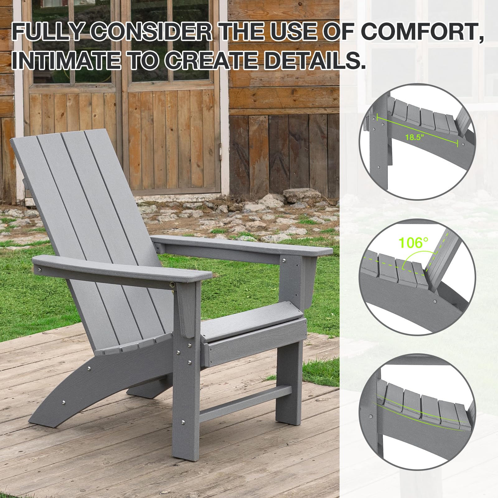 Adirondack Chair Weather Resistant Fire Pit Chairs HDPE Outdoor Adirondack Chair for Patio Front Porch Pool Garden Deck Fire Pit Outside, Light Grey