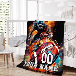 Custom Kids Blanket Gift - 50 x 40 Inches Cool Football Throw Blanket for Boys & Girls - Personalized Black Soft Fuzzy Warm Blanket for Travel, Couch