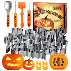 flyouth pumpkin carving kit tools 29 pcs, easy to use and safe for kids adults, sturdy stainless steel pumpkin decorating kit with stencils, hammer, gift for halloween jack-o-lanterns decoration