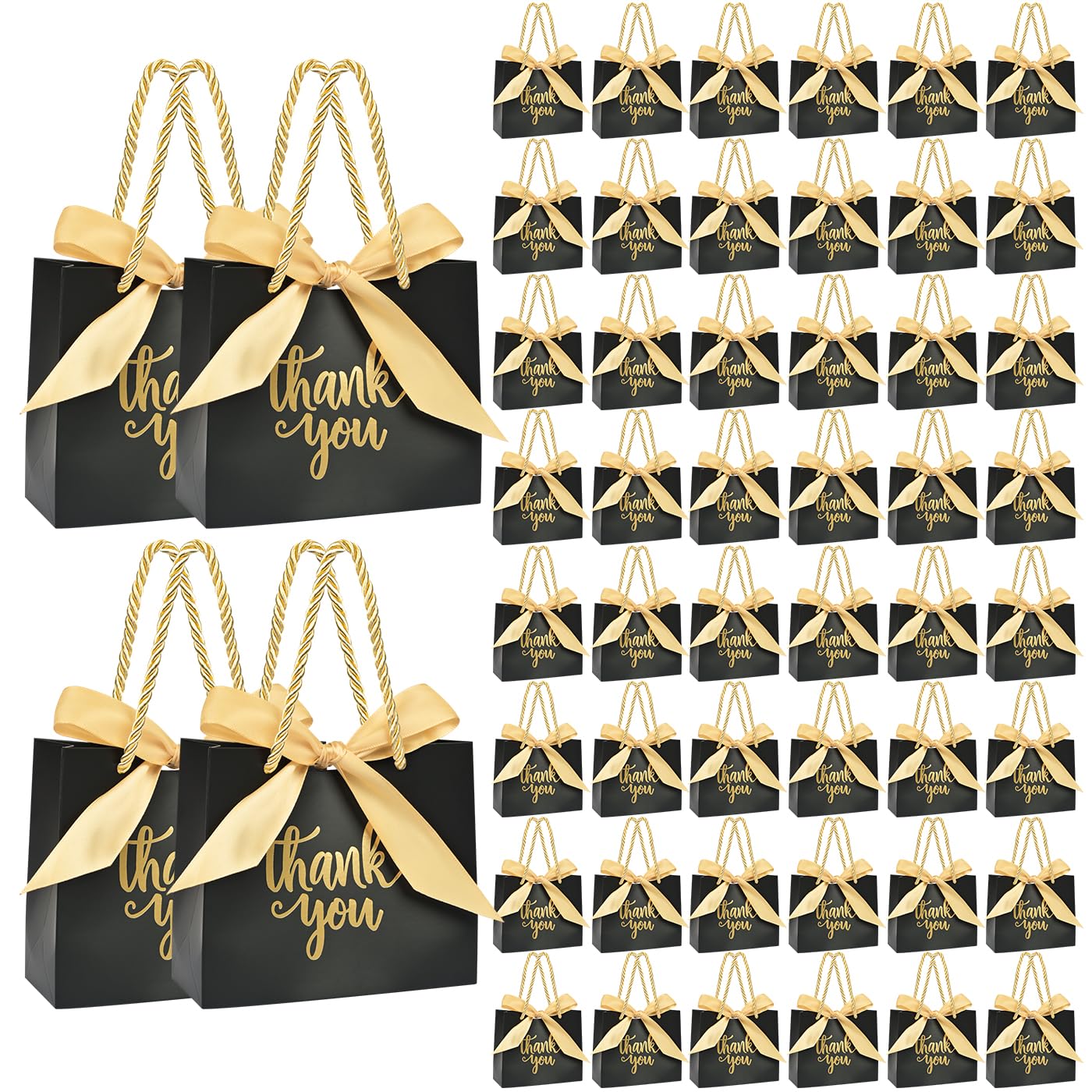 Nimbbex 50Pack Thank You Gift Bags with Handles, Party Favor Bags 5.5x2.3x4.7 Inches Small Black Gift Bags with Handles, Mini Paper Candy Bags with Gold Ribbon for Wedding Baby Shower Birthday