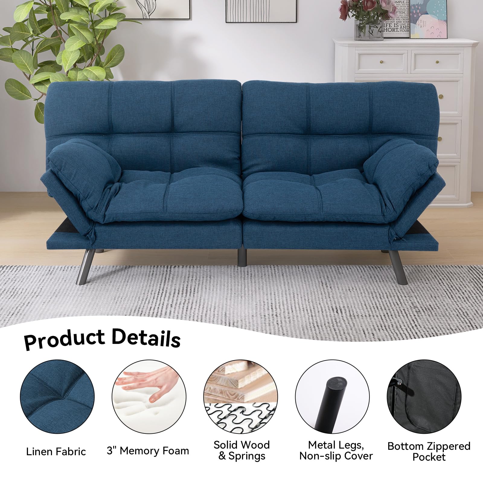 Hcore Bed, Memory Foam Sleeper Sofa,Futon Couch Sofabed, Blue