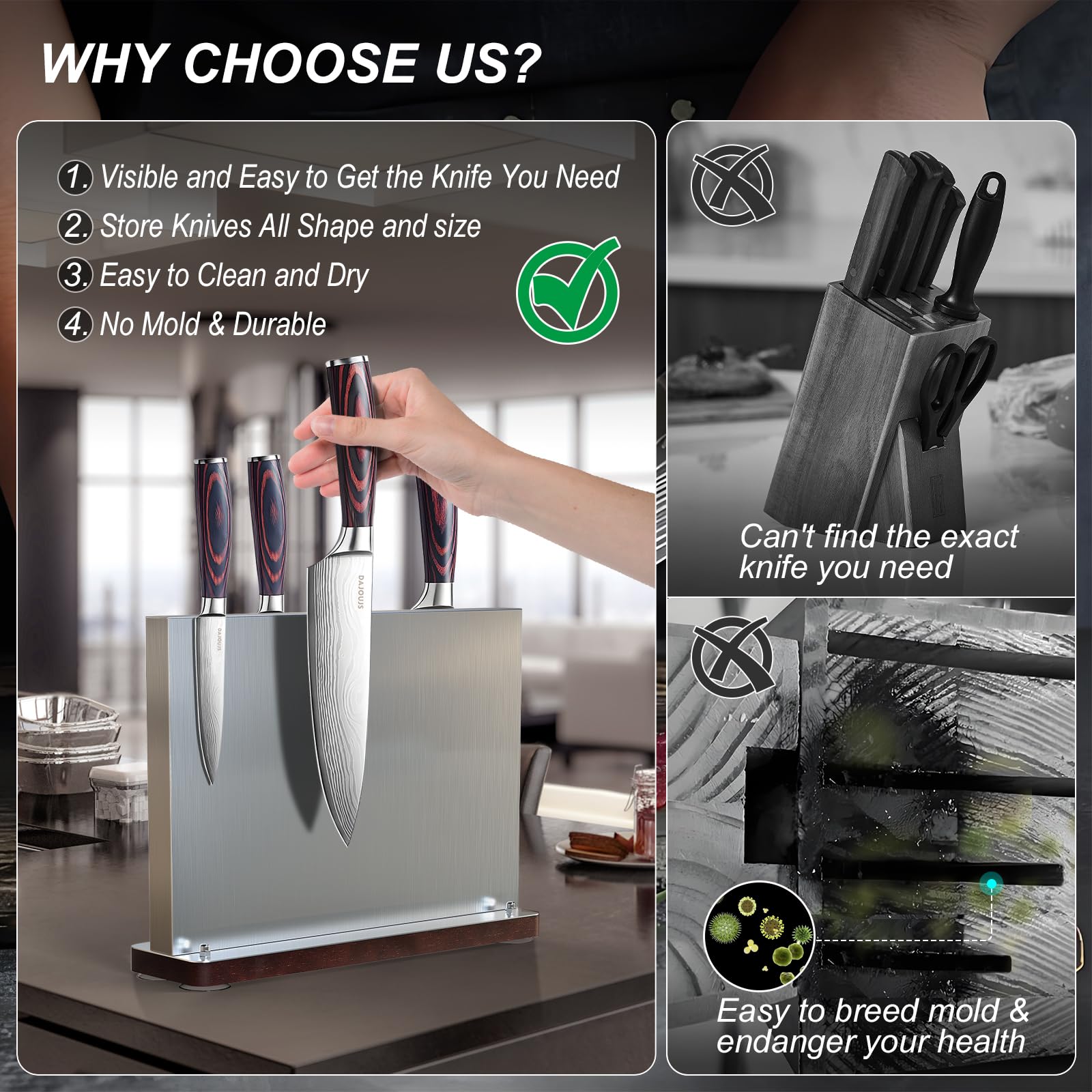 Stainless Steel Magnetic Knife Block magnetic knife holder Magnetic Knife Block Without Knives/Metallic Magnetic Knife Holder Stand/Powerful Magnetism Storage Organizer for Kitchen Knife