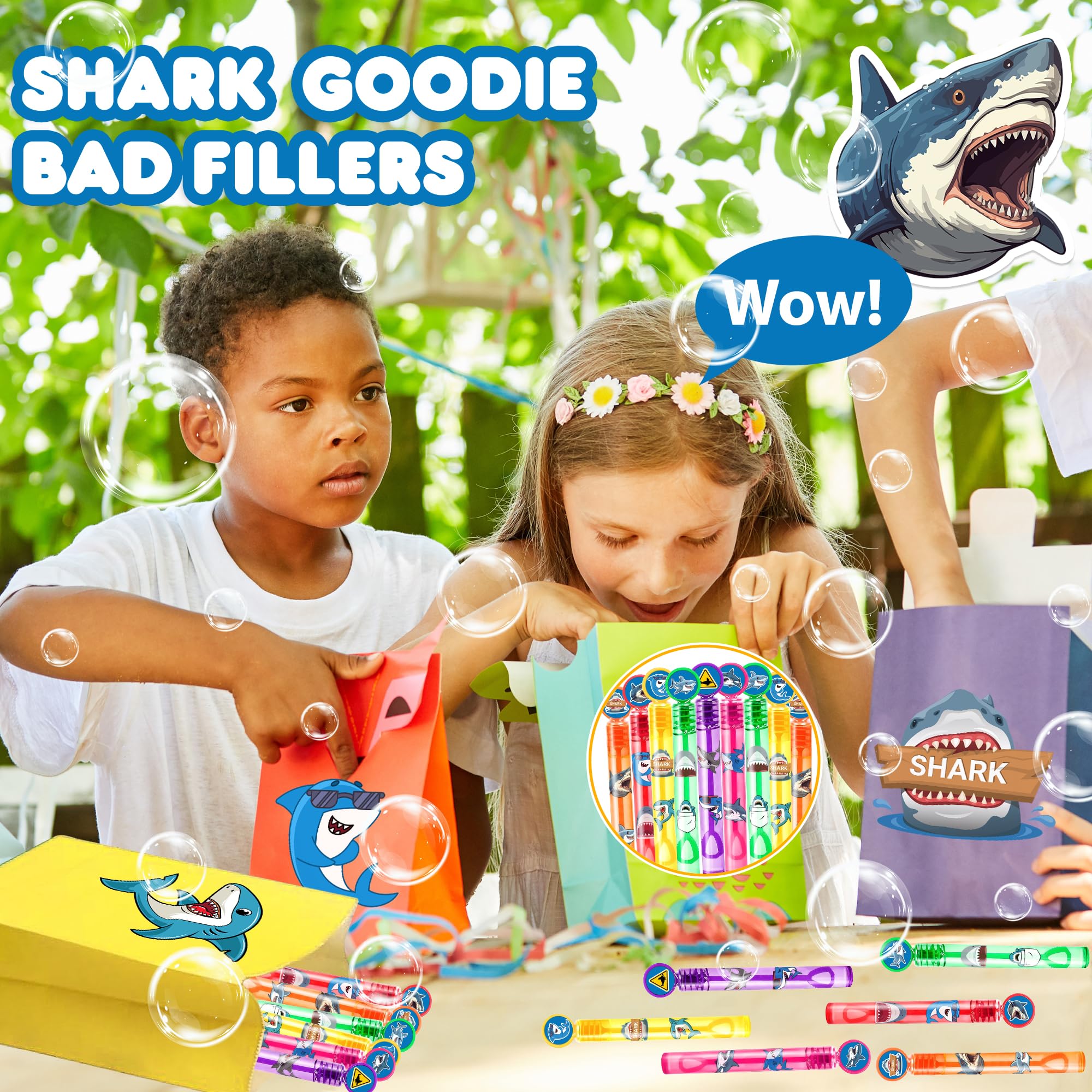 24PCS Shark DIY Bubble Wands Party Favors 96PCS Stickers for Goodie Bag Fillers Pinata Stuffers, Mini Bubble Bulk Birthday Party Supplies Toys Gifts Class Prizes for Toddlers Boys Girls