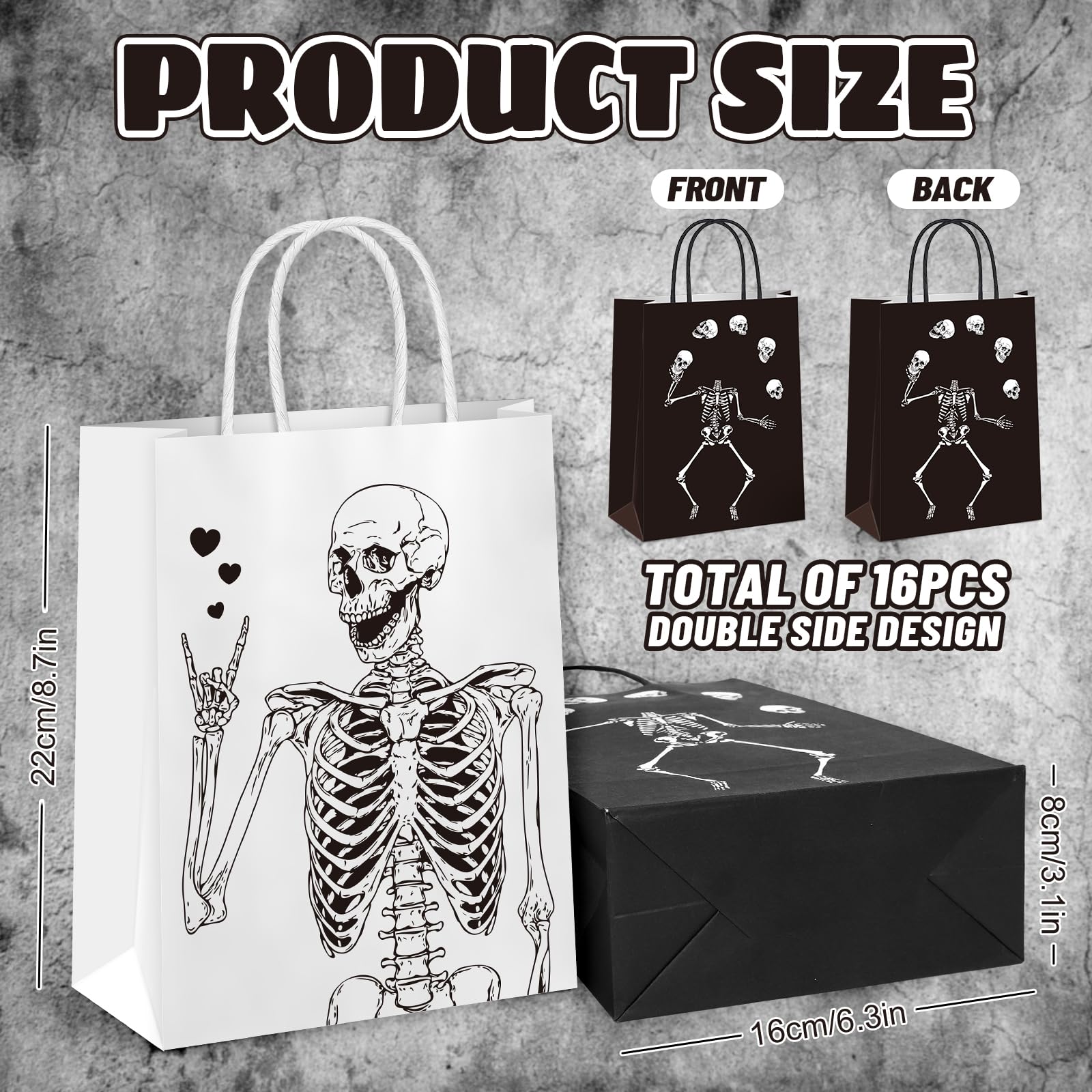 Whaline 16Pcs Halloween Skeleton Paper Gift Bags Black White Skull Party Favor Bags with Handle 4 Designs Goodie Candy Treat Bags for Halloween Party Decor Supplies