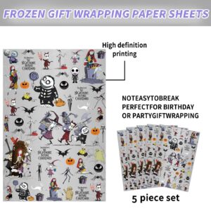 5 Pcs Nightmare Wrapping Paper Nightmare Before Christmas Gift Wrap Bulk Art Paper Folded Flat for Baby Shower Nightmare Before Christmas Birthday Party Decorations Wedding DIY Crafts Gift (white)