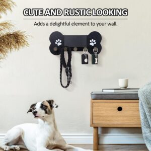 Nekon Dog Leash Holder for Wall - Wooden Key Holder Wall Mount for Entryway Organization - Pets Accessories Storage with Chalkboard and Dog Paw-Shaped Hooks (Black)