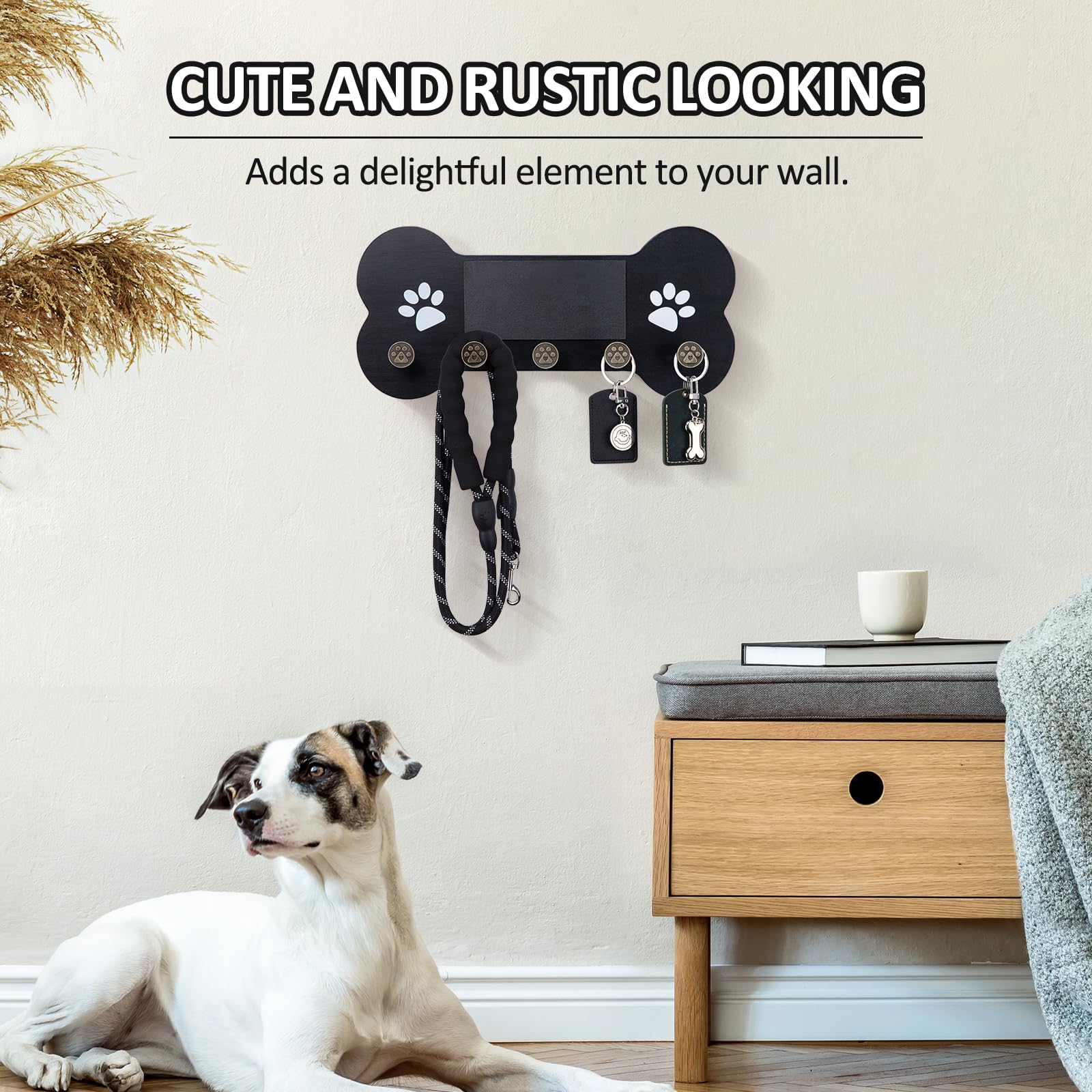 Nekon Dog Leash Holder for Wall - Wooden Key Holder Wall Mount for Entryway Organization - Pets Accessories Storage with Chalkboard and Dog Paw-Shaped Hooks (Black)