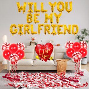 Will You Be My Girlfriend Balloons - 16'' Alphabet Letters Foil Mylar Balloon, 18" Heart Shaped Balloon with 500 Pcs Artificial Rose and 100 Pcs White Petals for Valentine Anniversary Decorations