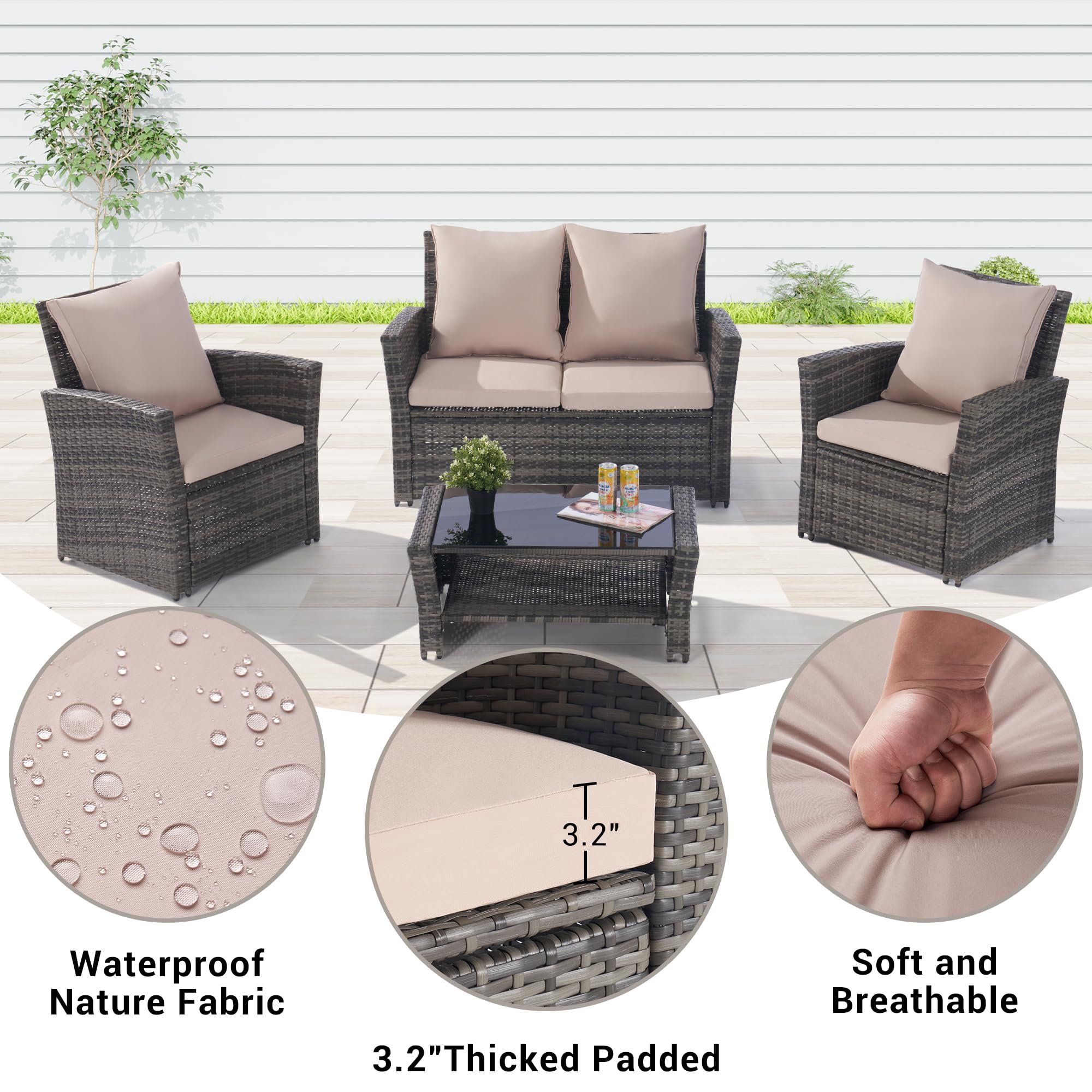 Patio Furniture Set 4 Pieces Outdoor Rattan Chair Wicker Sofa Garden Conversation Bistro Sets with Tempered Glass Coffee Table & Cushion for Porch, Yard, Pool, Backyard