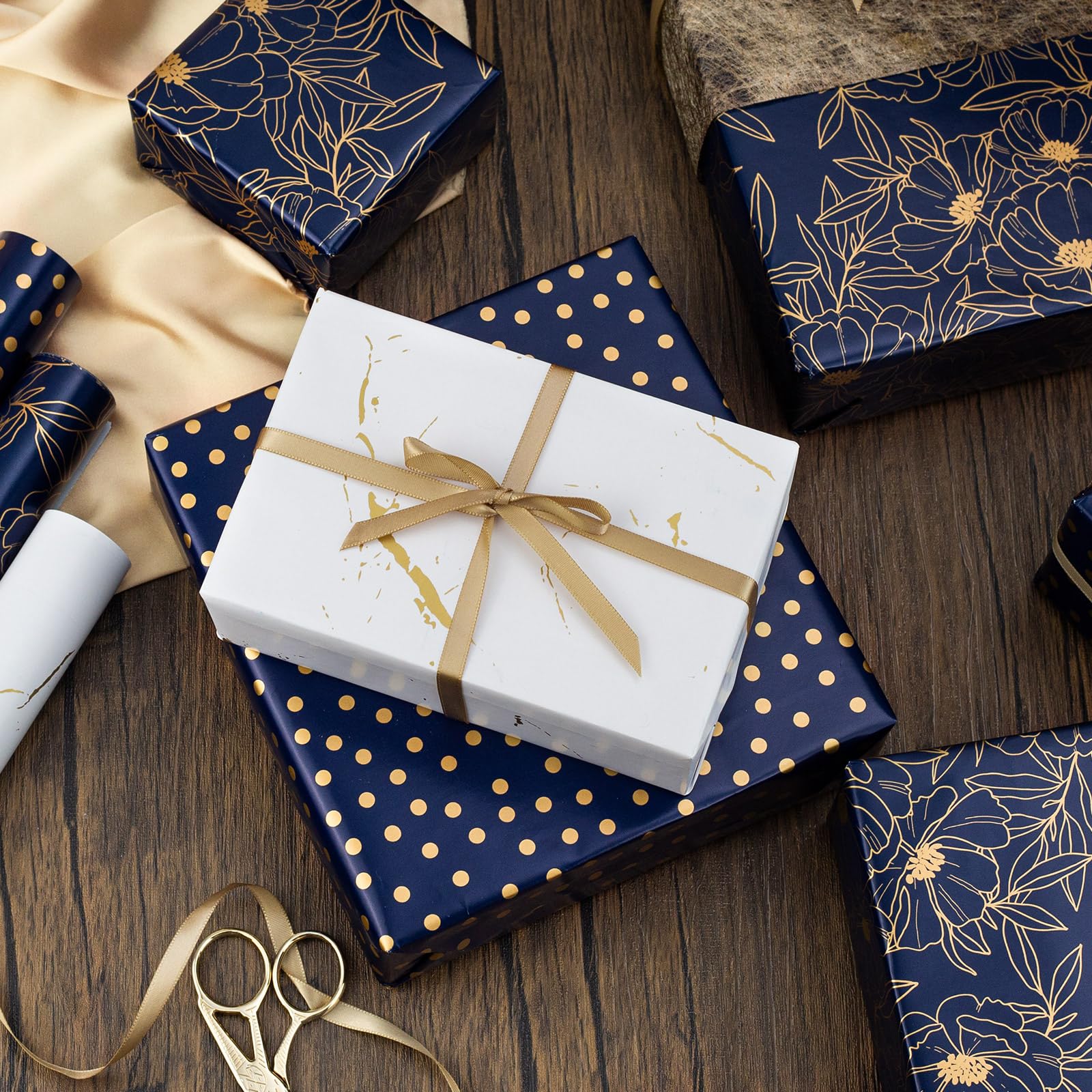 Yarcony Gift Wrapping Paper Roll - 17 Inch X 120 Inch Per Roll Luxury Navy Gold Flower, Polka Dot & White Gold Marble Gift Wrap Paper for Men Birthday, Father's Day, Christmas, Holiday, Graduation